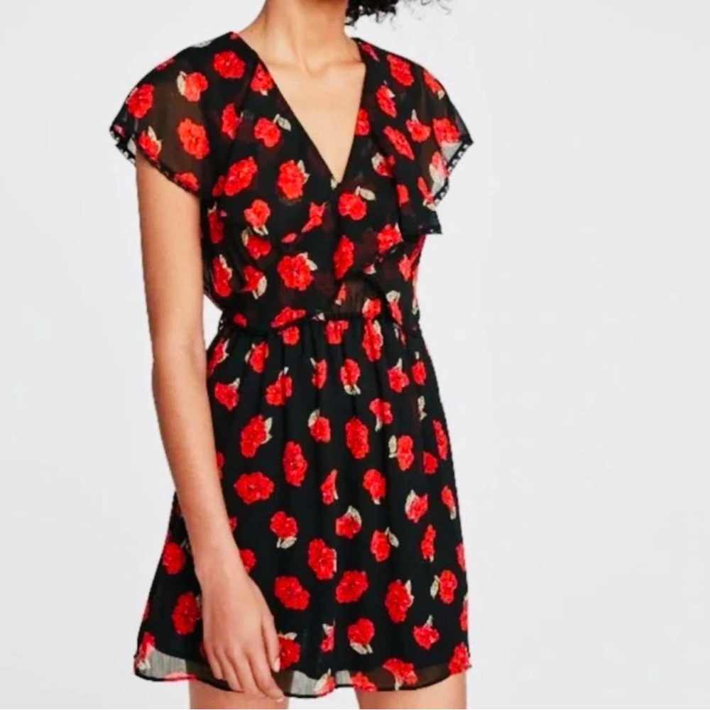 Zara Red and Black Flutter Sleeve Mini Dress